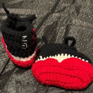 Handmade Crochet Baby Booties and Hat Set - Black, Red, White